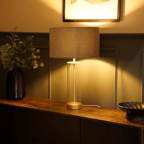 ValueLights Balan Glass and Gold Metal Table Lamp with Grey Fabric Drum Shade and LED Bulb – 2