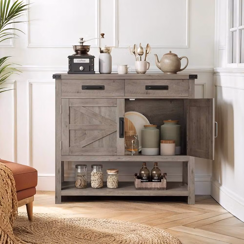 London Boutique Grey Wooden Console Table with 2 Doors and 2 Drawers Buffet Sideboard – 6