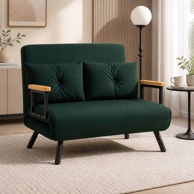 STILVORA Green Velvet Click Clack Sofa Bed with Sleeping Function and Scatter Cushions