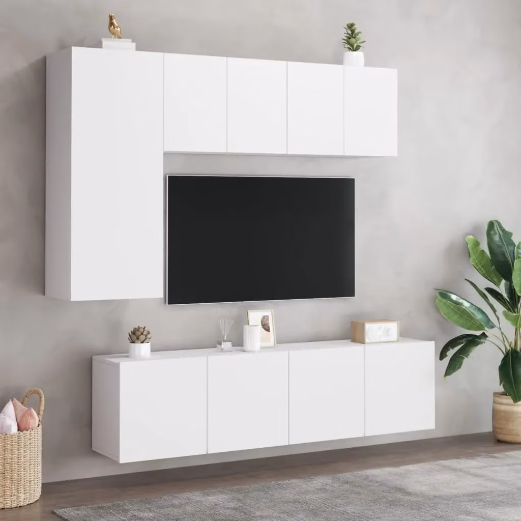 Berkfield Home 5 Piece Modern White Matt TV Wall Unit Set with Hinged Doors and Internal Shelves – 2