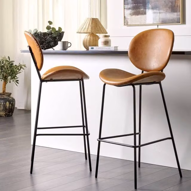 Wyld and Coco Set of 2 Armless Dining Chairs in Golden Brown Faux PU Leather with Black Iron Legs