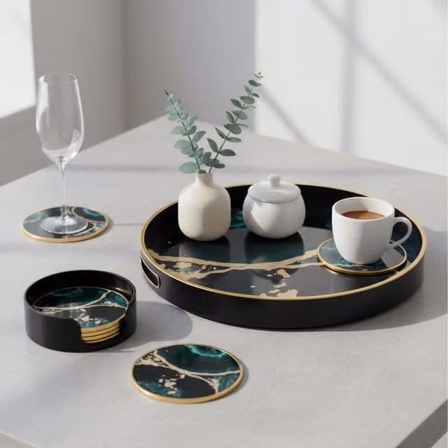 Maison Des Cadeaux Round Agate-Style Decorative Tray and Coasters Set with Holder in Black and Gold