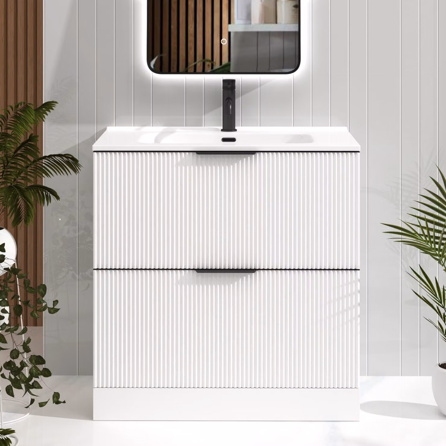 Royal Bathrooms Evora 800mm Matt White Fluted Floor Standing 2 Drawer Vanity Unit with Ceramic Basin and Matt Black Handles