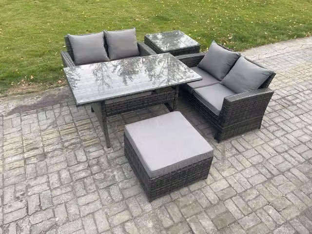 Fimous PE Wicker Rattan Garden Furniture Set with Love Sofa, Rectangular Dining Table, Big Footstool and Side Table in Dark Grey Mixed