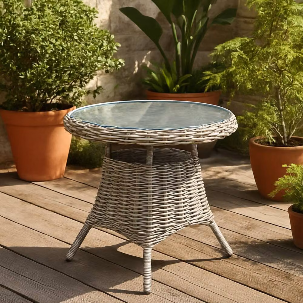 Wyld Haus Costa Outdoor Round Wicker Bistro Table with Glass Top, Beige – 2