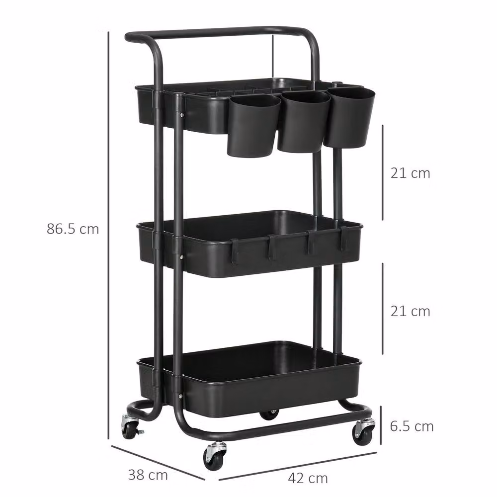 STILVORA Three-Tier Metal Storage Trolley with Handle and Wheels in Matt Black, H 86.5 x W 38.0 cm – 2