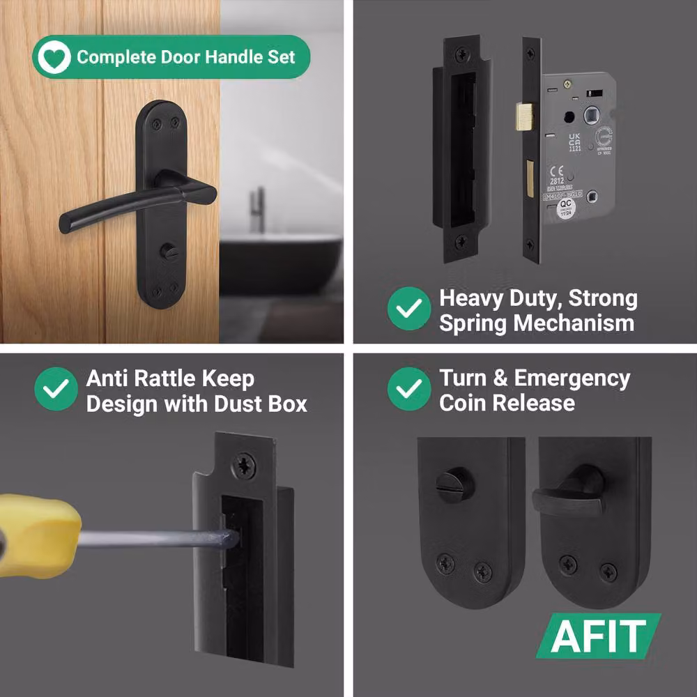 AFIT Matt Black Bathroom Door Handle Set with Backplate and 64mm Lock, W/D/H: 150 x 150 x 150 mm – 4