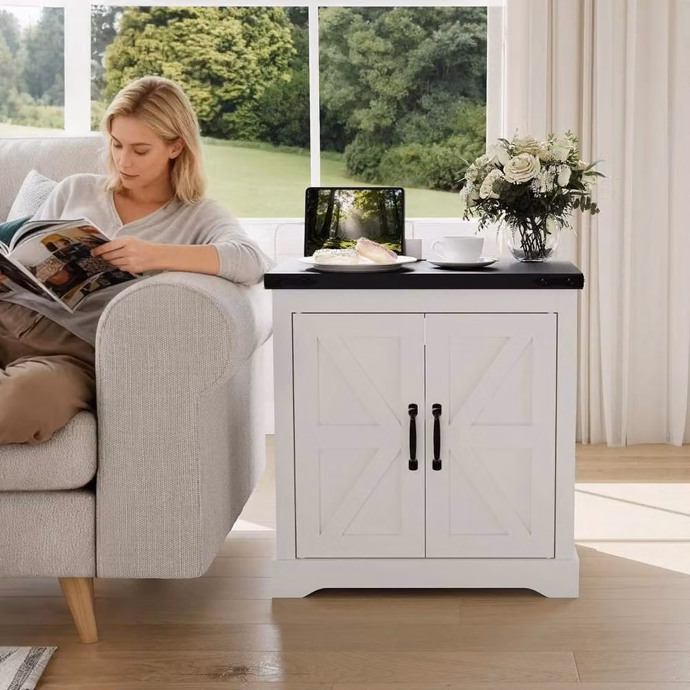 KORVIXA Rustic Side Table with USB Charging Station in White, Width: 100 cm – 2