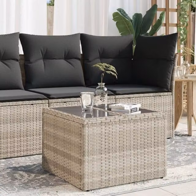 Berkfield Home Square Garden Table with Glass Top in Light Grey, W/D/H: 55 x 55 x 37 cm