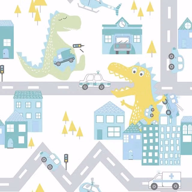 I Love Wallpaper Dino Streets Childrens Wallpaper in Teal, Lime and Petrol Multicoloured