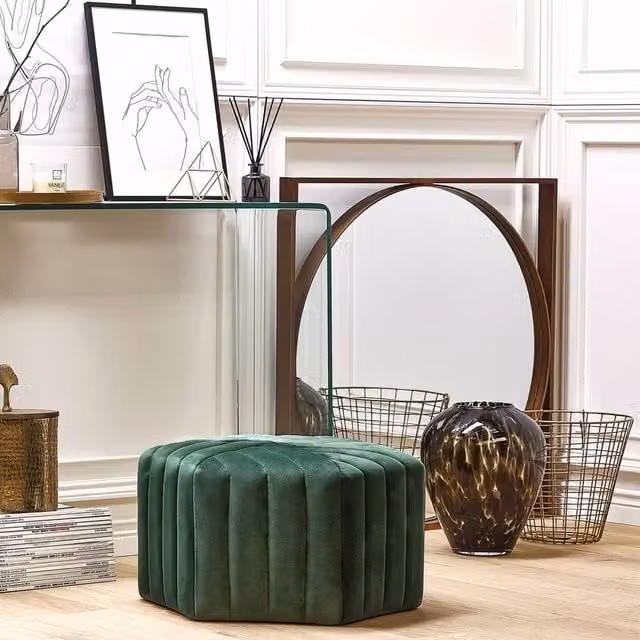 Wyld and Coco Ottman Glamour Hexagonal Green Velvet Pouffe W: 53 cm, D: 48 cm, H: 29 cm
