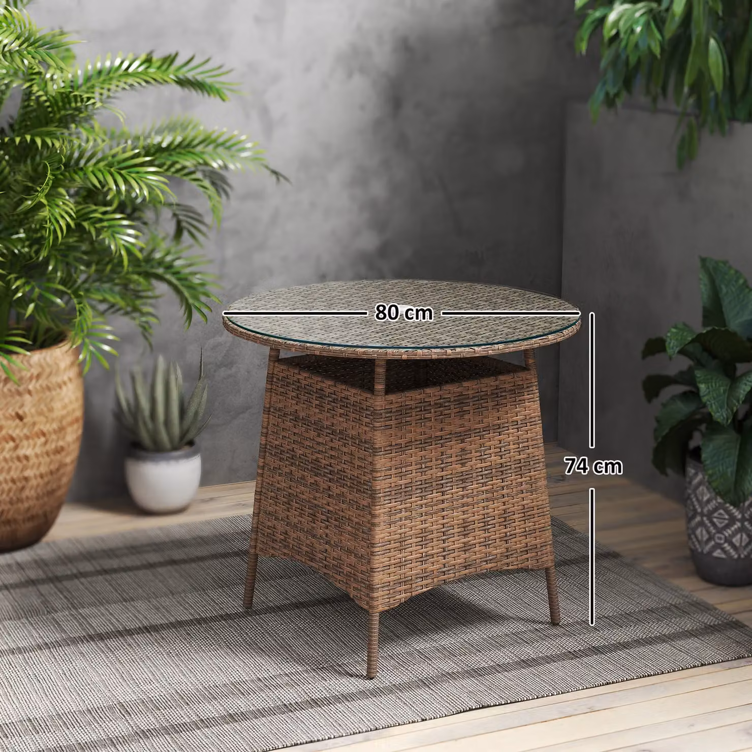 OUTSUNNY Brown Wicker Garden Rattan Table with Tempered Glass Top and Umbrella Hole – 3