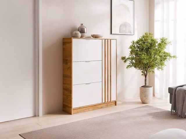 Vente-unique Modern Shoe Cabinet in Light Oak and Beige with 1 Door and 3 Tilting Compartments