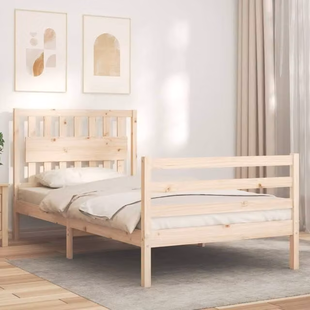 Berkfield Home Beautiful Bed Frame with Headboard in Brown Solid Pine Wood, W/D/H: 205.5 x 100 x 105.5 cm