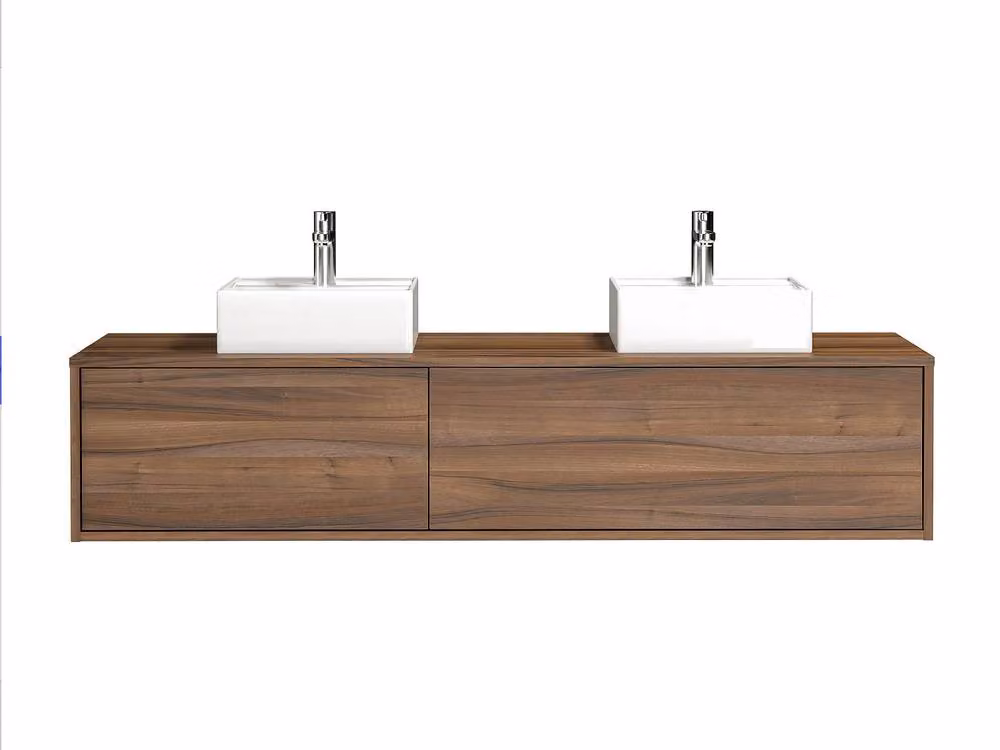 Vente-unique Walnut Double Washbasin Vanity Unit in Dark Natural Colour, W: 150 cm, D: 47 cm, H: 32 cm – 2