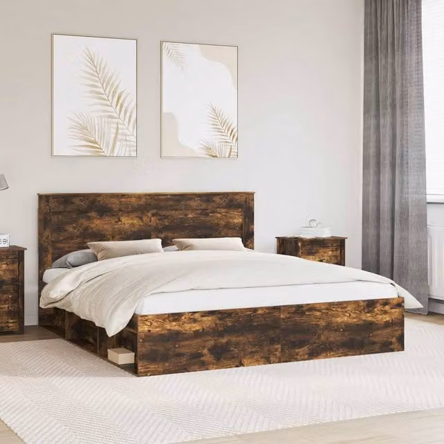 Berkfield Home Smoked Oak Bed Frame in Brown, Solid Pine and Engineered Wood, 200 x 200 cm