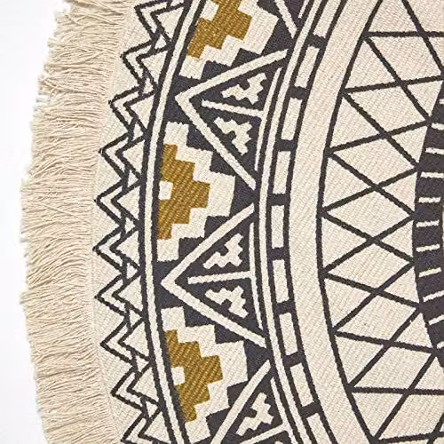 Homescapes Black and Gold Cotton Mandala Printed Round Rug with Fringes, Diameter: 130 cm – 3