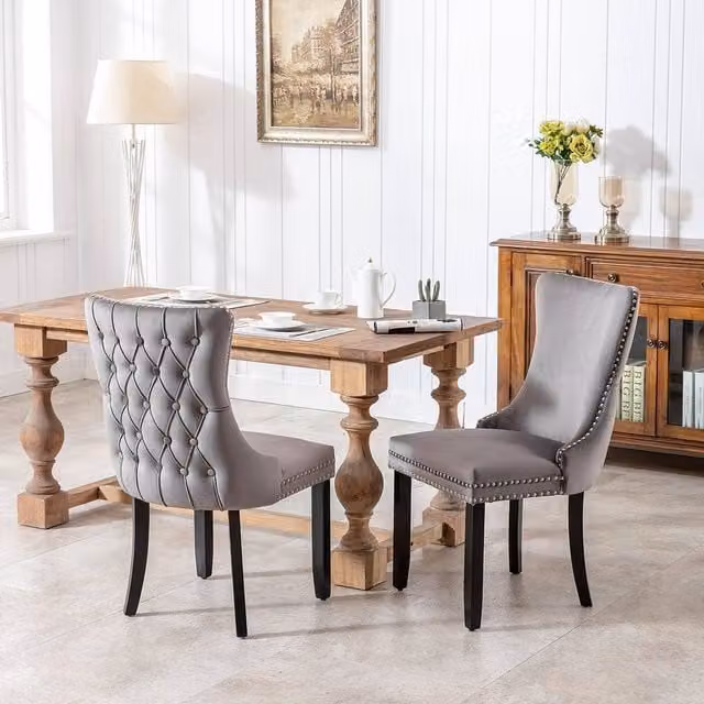 Modern Home Touch Sierra Set of 2 Grey Velvet Wing Back Dining Chairs with Oak Wood Legs – 1