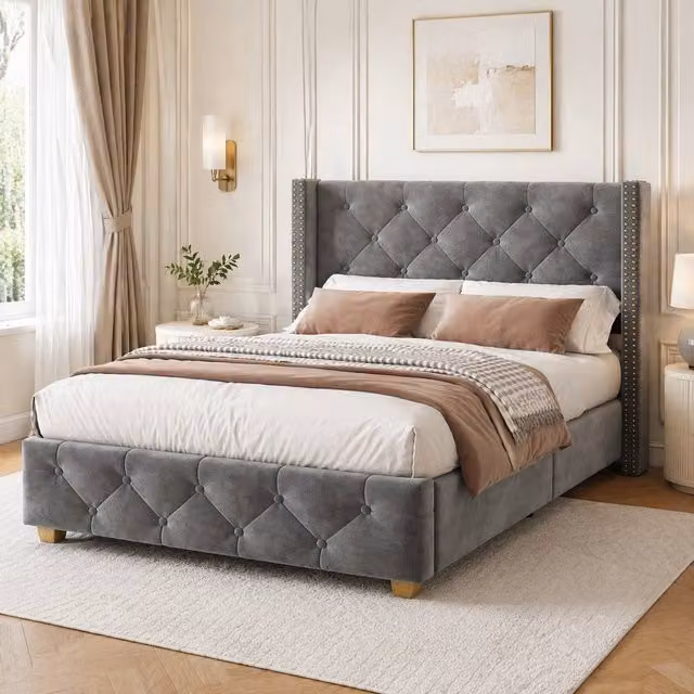 STILVORA Upholstered Velvet Single Bed in Grey, W/D/H: 90 x 190 cm
