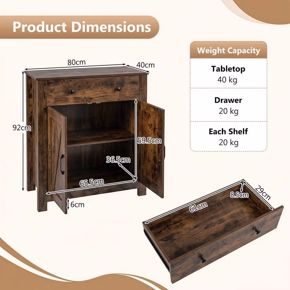 KORVIXA Brown Buffet Cabinet with 5-Tier Adjustable Shelf in Dark Brown Rustic Wood and Metal – 2