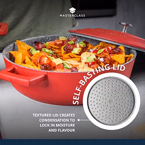 MasterClass Shallow Casserole Dish with Lid, Non-Stick Red Aluminium and Stainless Steel Casserole Pan, 4 l – 5