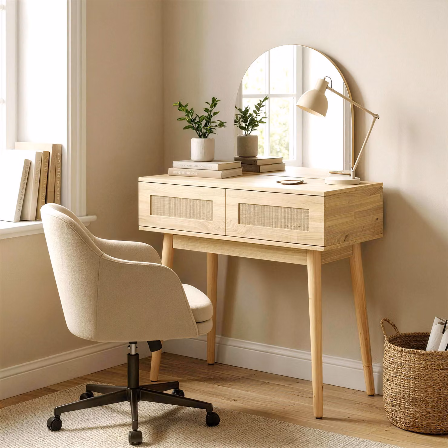 HOMCOM Modern Compact Dressing Table with Mirror and 2 Drawers in Brown Wood and Rattan Finish – 3
