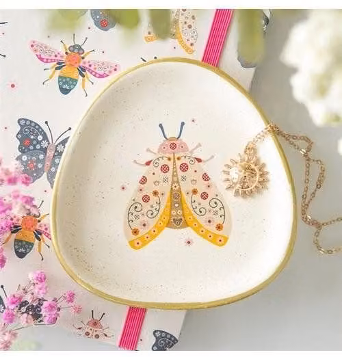 KDMD Floral Moth Trinket Dish in White and Gold
