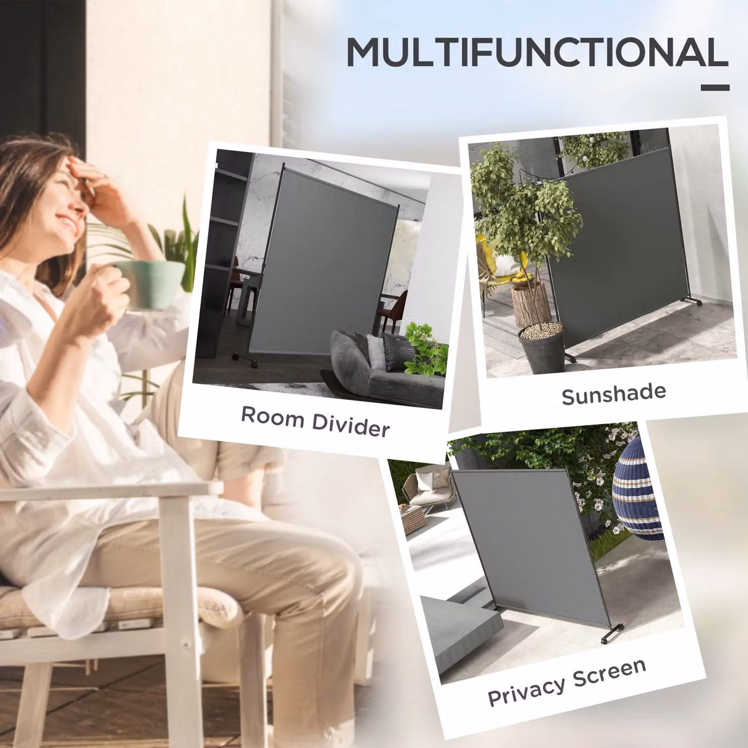 OUTSUNNY Grey Decorative Garden Partition Screen, Freestanding Metal and Polyester Privacy Room Divider, H: 183 cm x W: 181 cm x D: 30 cm – 3