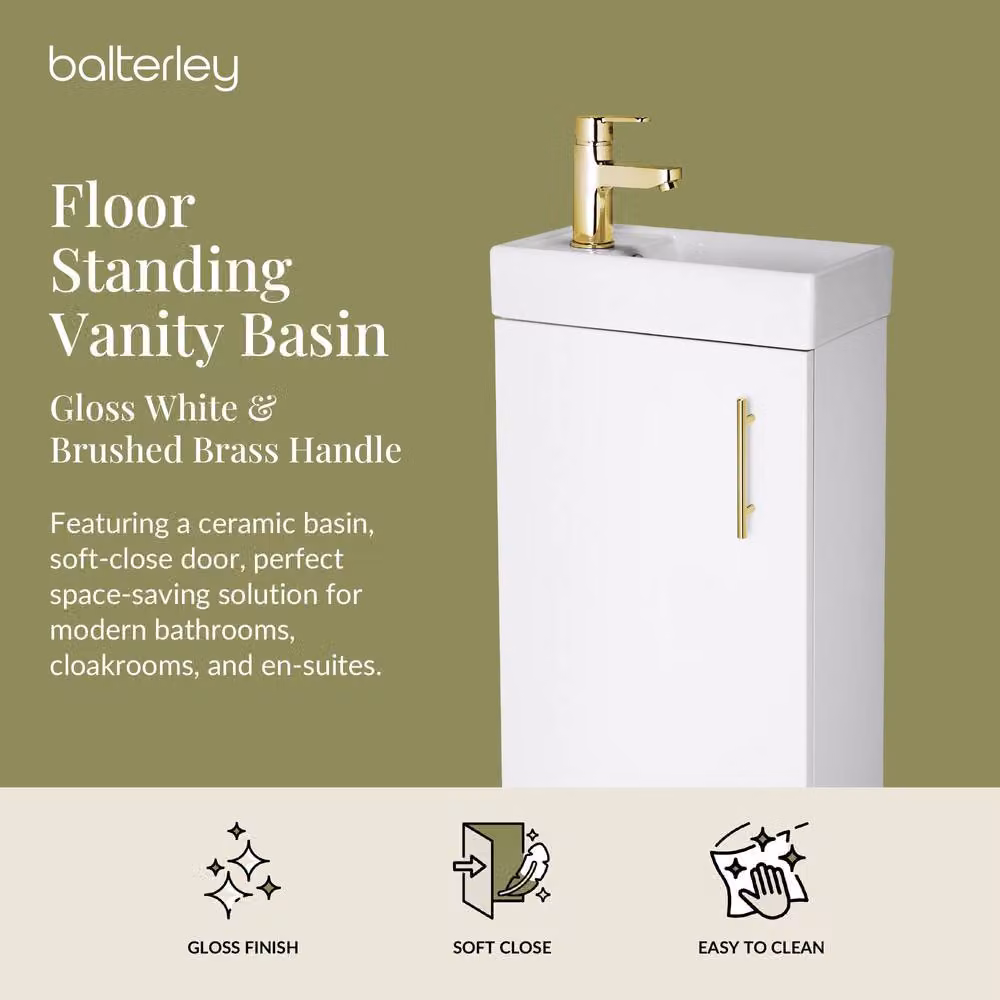 Balterley Wall Mounted Gloss White Ceramic Vanity Basin with Gold Handle, W: 40 cm – 2