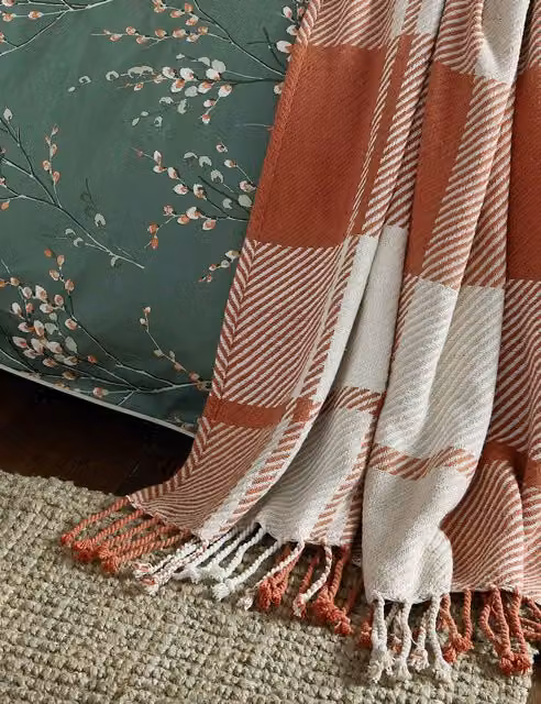 Laura Ashley Dylan Checked Pure Cotton Woven Throw with Fringes in Orange Mix