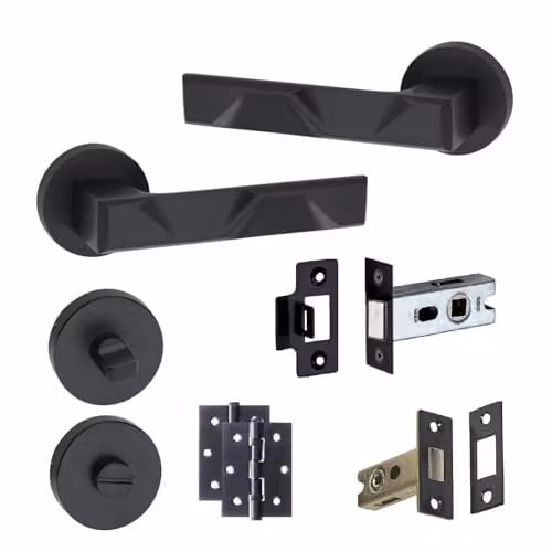Golden Grace Nova Bathroom Door Handles with Latch and Hinges in Matt Black