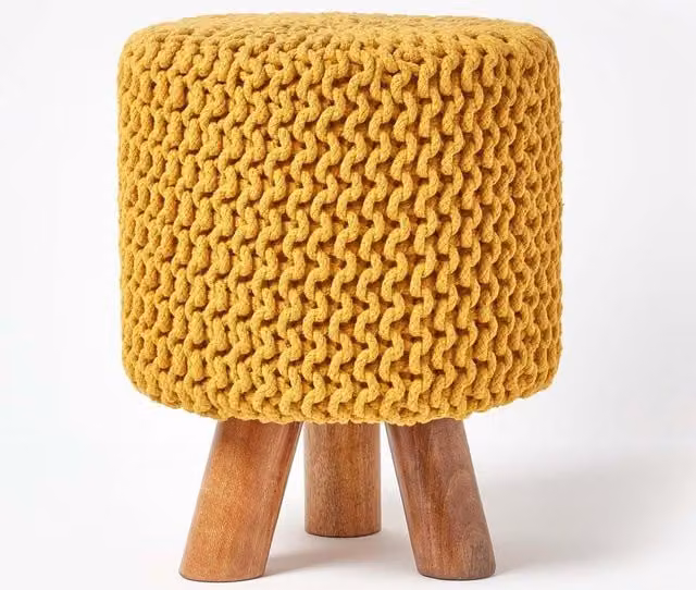 Homescapes Tall Cotton Knitted Footstool in Yellow – 1