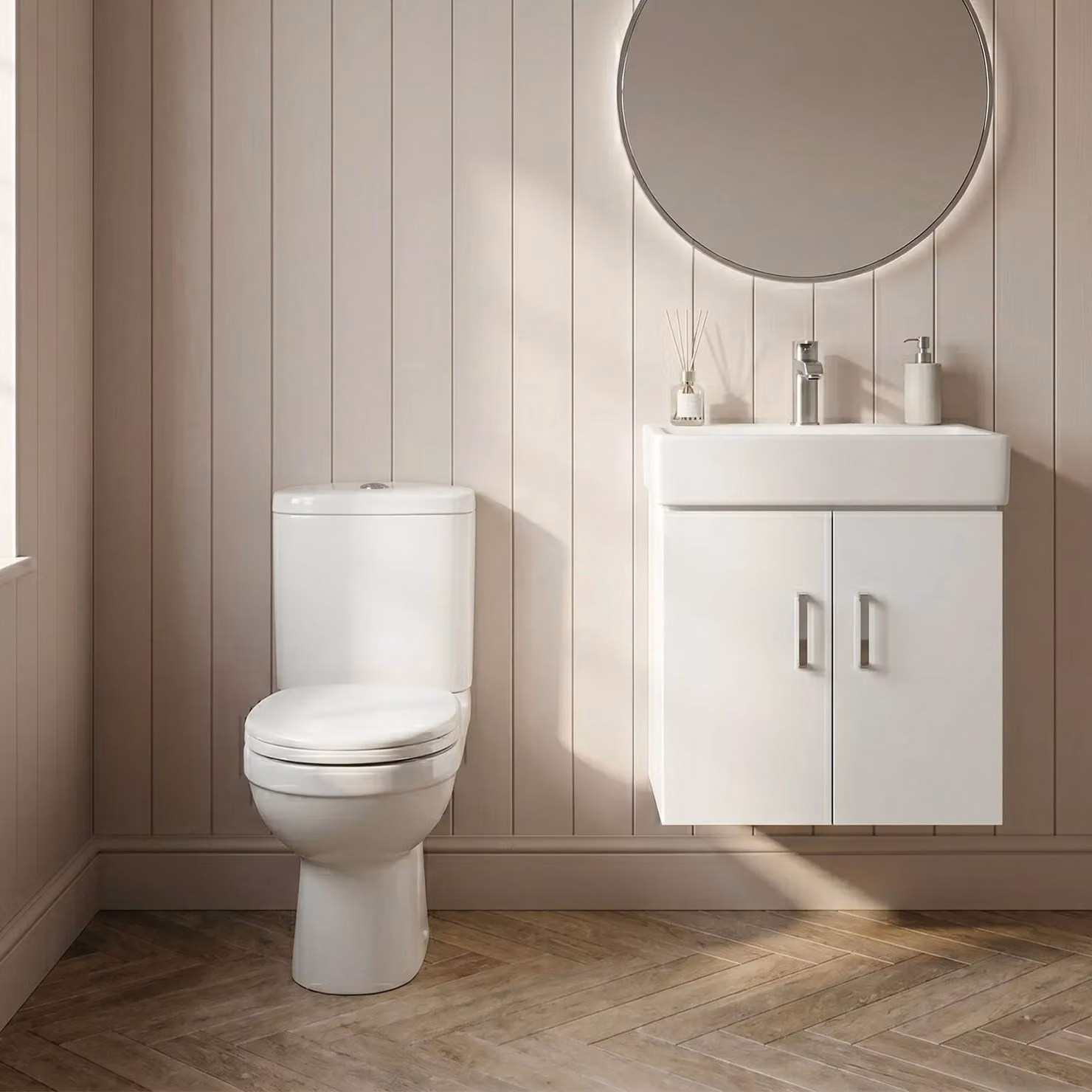 Balterley Wall Hung Vanity Basin Unit, Toilet Pan, Cistern and Seat in Gloss White and Grey – 4