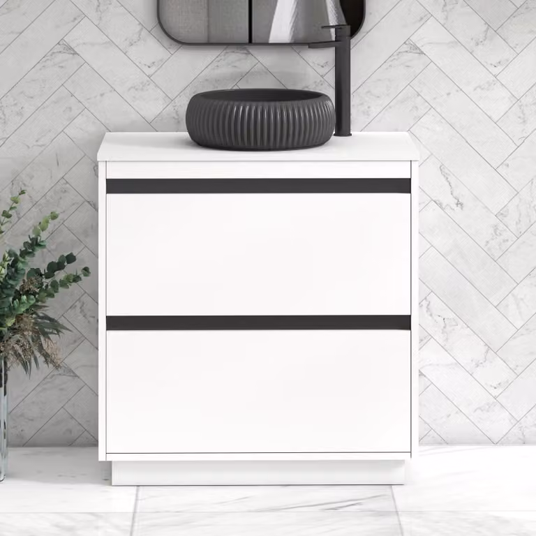 Royal Bathrooms Orion 800mm Matt White Floor Standing 2 Drawer Vanity Unit with Milan Black Basin and Black Accent Trim