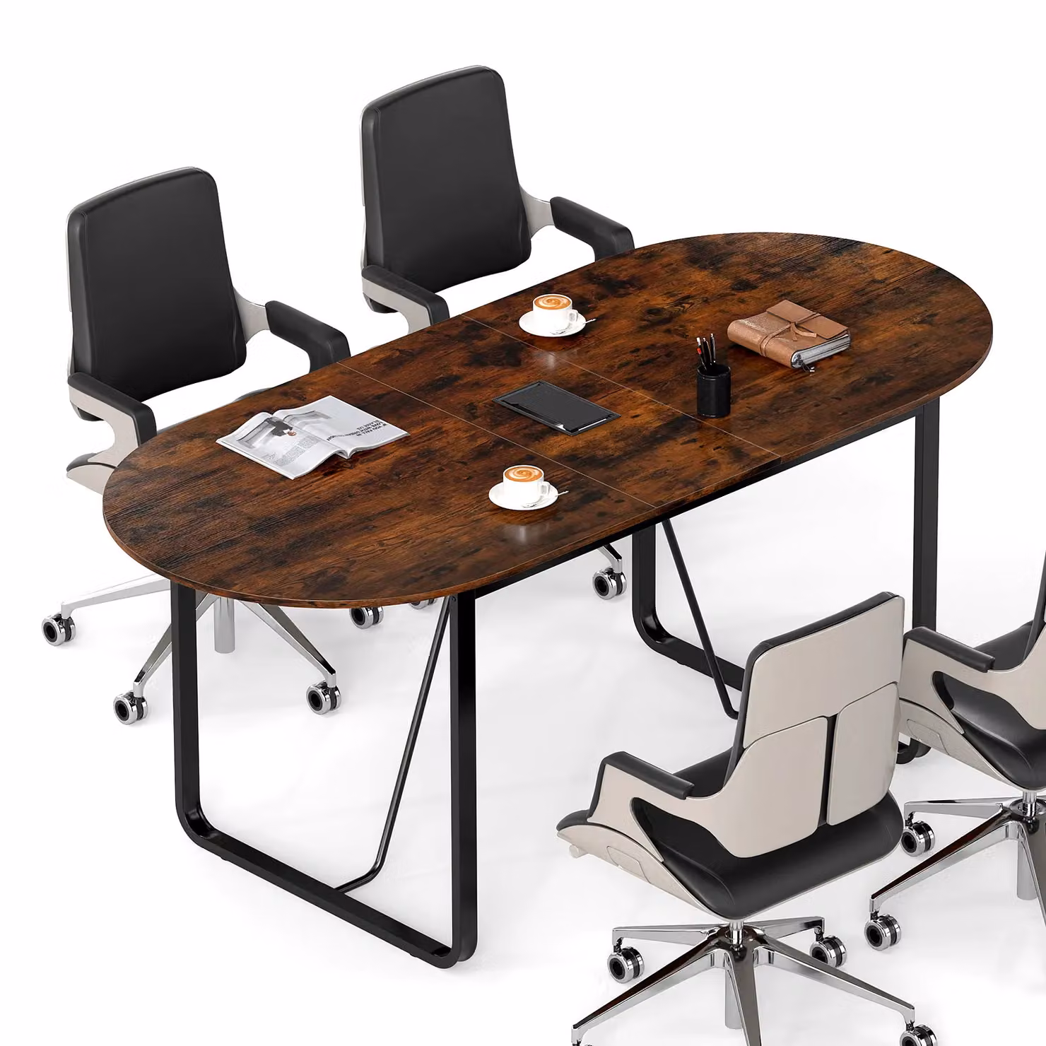 Gymax Oval Executive Home Office Table with Metal Sled Base, Brown – 11