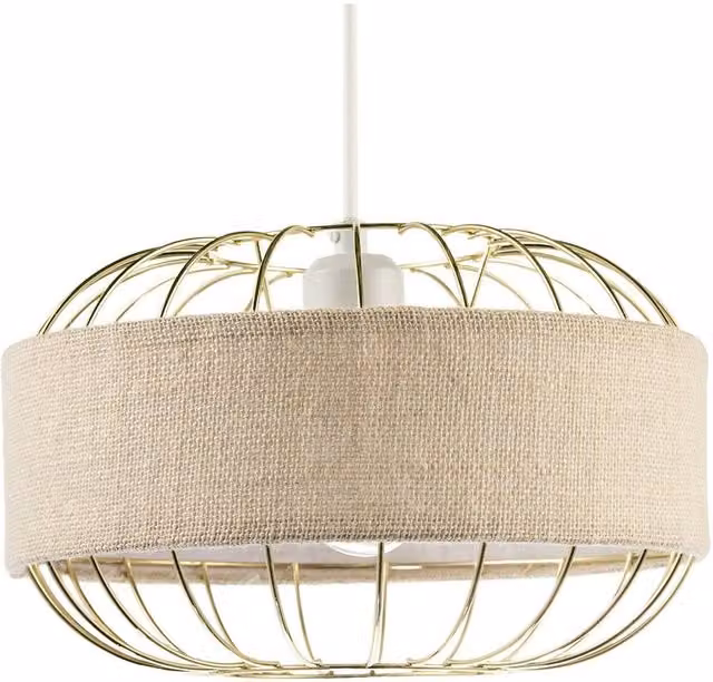 Happy Homewares Round Pendant Shade with Gold Metal Wire Frame and Beige Linen Fabric Band