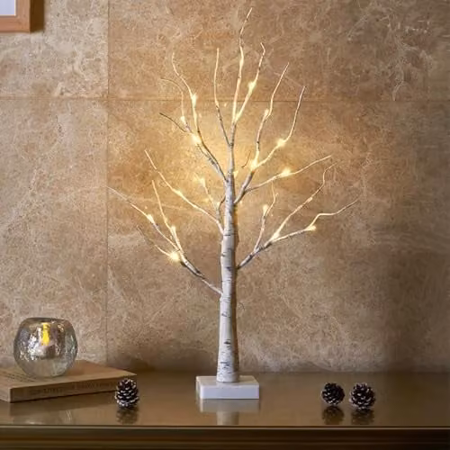 Smartbies Pack of 2 White Birch Twig Christmas Trees with 24 LED Lights, Height: 60 cm