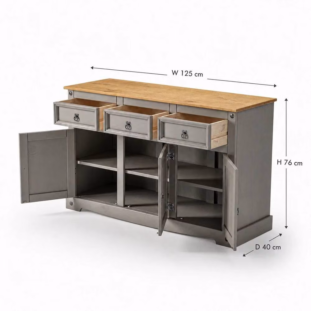Hinsinc Grey Mexican Style Rustic Waxed Pine 3 Door 3 Drawer Sideboard W/D/H: 125.0 x 76.0 x 3.0 cm – 2