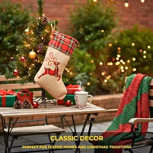 Shatchi Reindeer Christmas Stocking in Brown Burlap Hessian Linen, 45 cm – 6