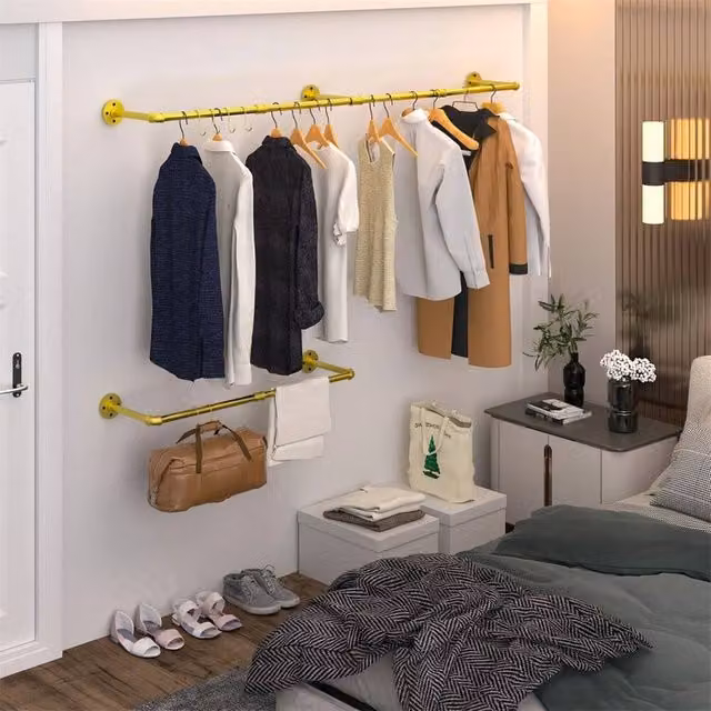 EONLION Adjustable Industrial Gold Lacquered Metal Clothing Rack