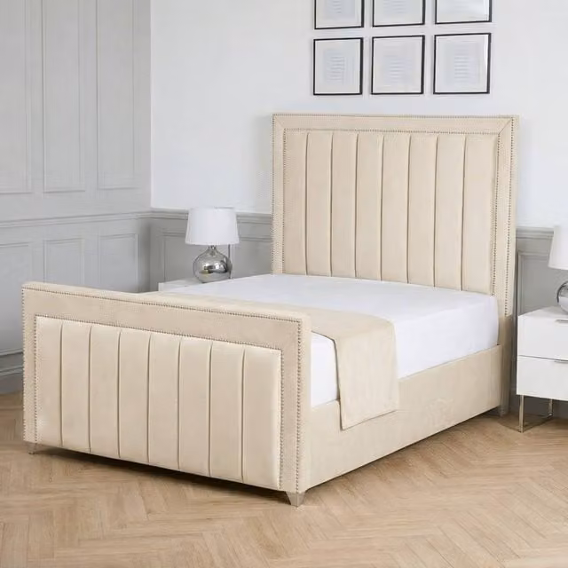 Living Comfort Bedz Royale Upholstered Velvet Gas Lift Storage Bed in Beige, W/D/H: 180 x 200 cm