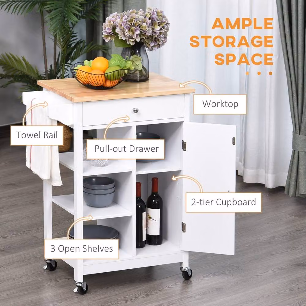 Wyld Haus Yota Mobile Kitchen Island Trolley in White MDF with Natural Rubberwood Top, H 86.5 x W 66.0 x D 39.5 cm – 4