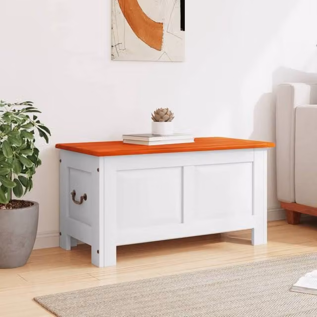 Berkfield Home Acacia Wood Storage Chest with Lid in Brown and White, W: 45 cm, D: 45 cm, H: 47 cm