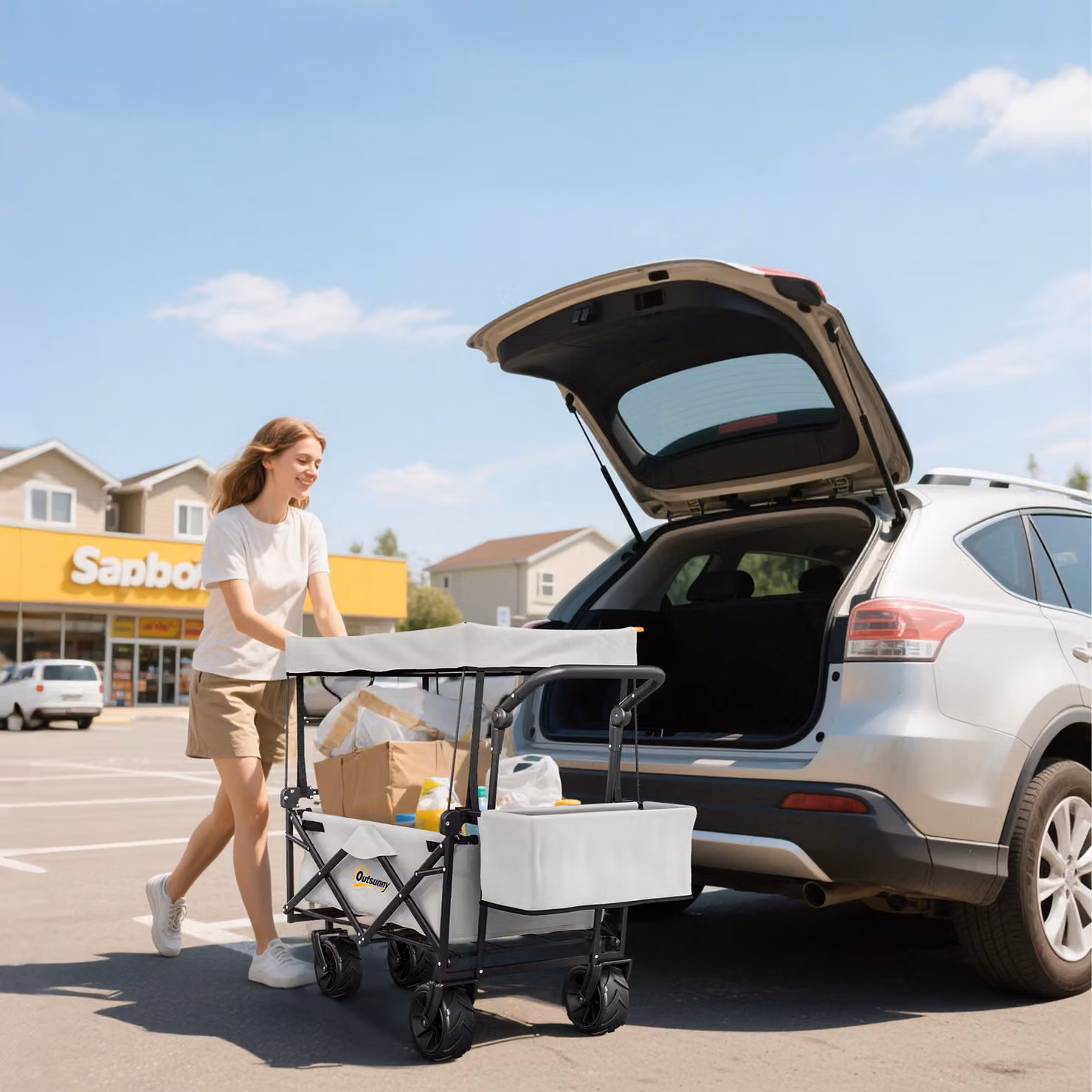 Outsunny Folding Trolley Cart with Overhead Canopy and 4 Wheels in Grey – 6