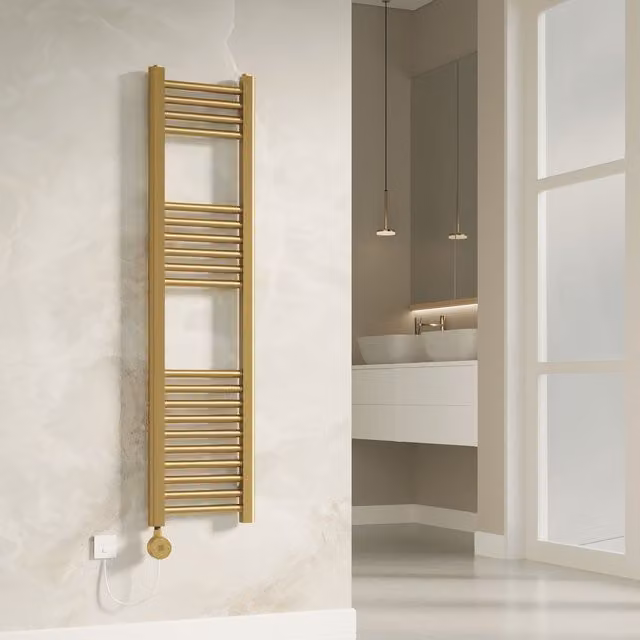 Banyetti Aureli Brushed Brass Electric Ladder Towel Rail Radiator in Gold, W/H: 300 x 1200 mm
