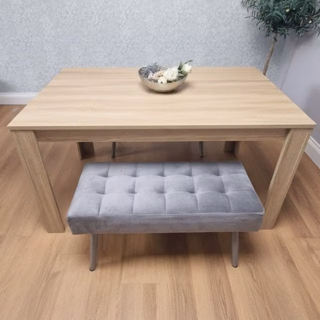 KOSY KOALA Dining Table and 2 Benches Set, Oak Effect Brown Table with Grey Velvet Benches, W/D/H: 120 x 77 x 75 cm – 1