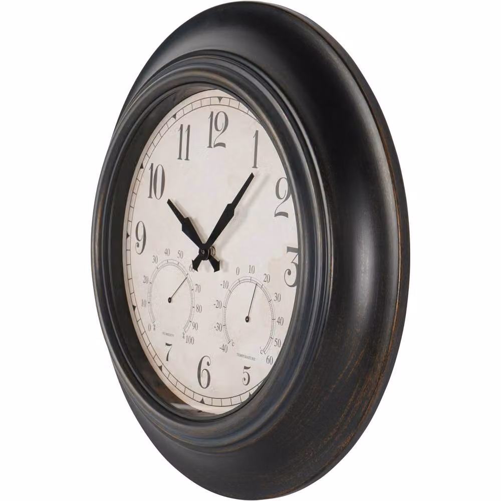 Libra Interiors Black Antique Metal Outdoor Wall Clock with Analog Quartz Movement, Thermometer and Hygrometer – 2