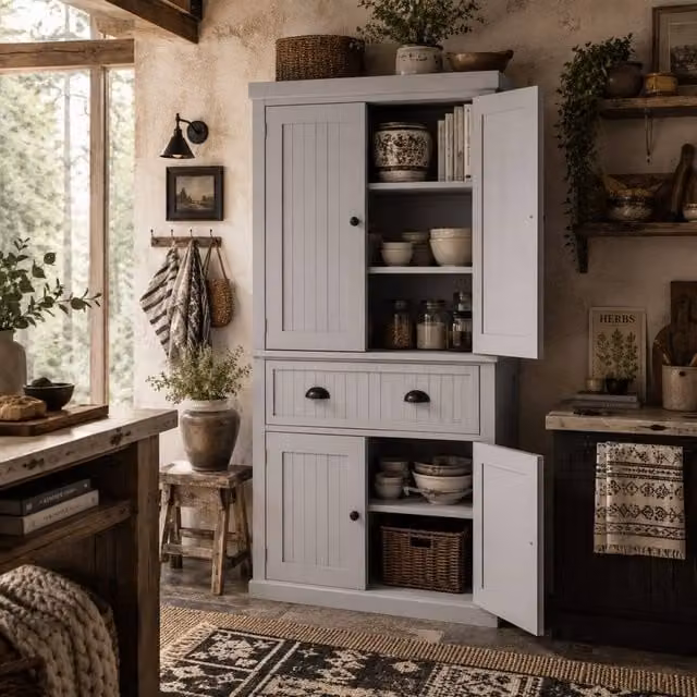 Wyld Haus Mid Century Grey Freestanding Panelled Pantry Cabinet, H 183 cm x W 76.2 cm x D 40.2 cm