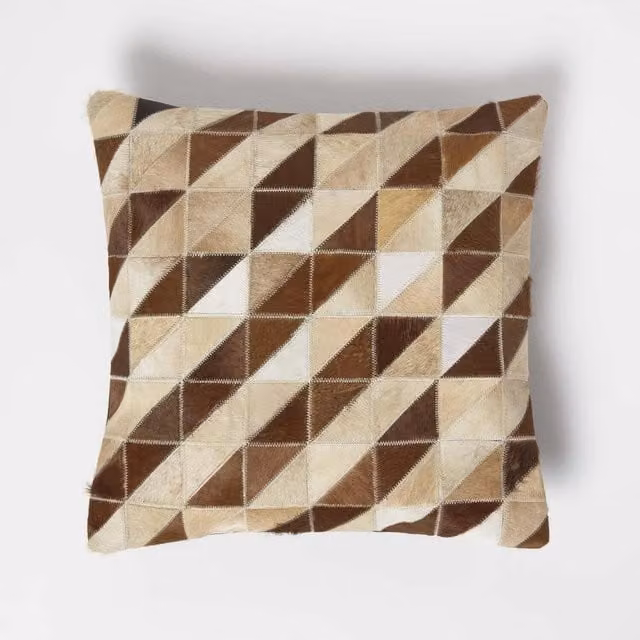 Homescapes Brown Checked Leather Cushion, W/D/H: 45 x 45 x 1 cm