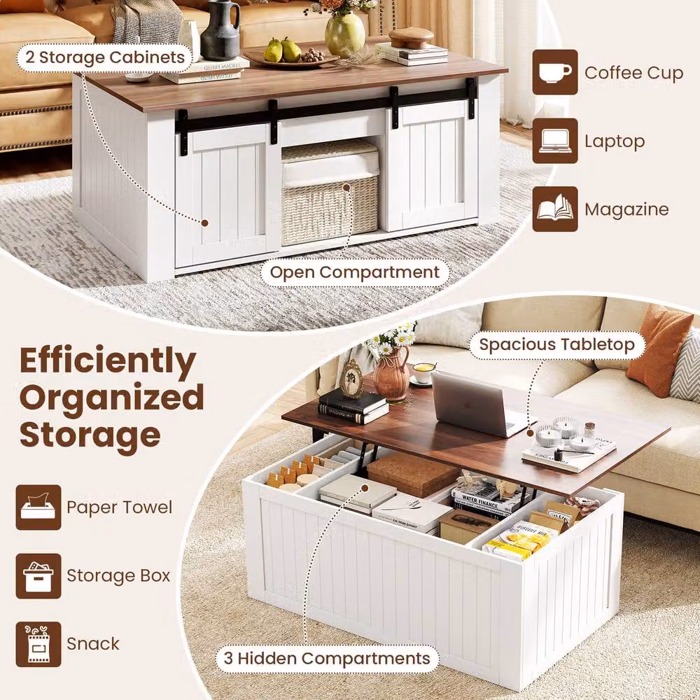 Costway White Farmhouse Lift Top Coffee Table with Storage Doors and Rustic Wood Finish, W: 120 cm, H: 48 cm – 4